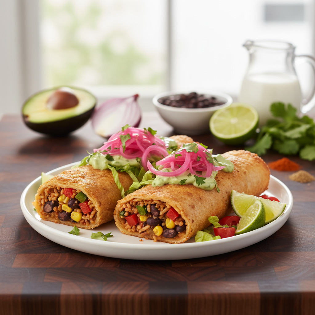 Chimichangas with Tangy Quick Pickles & Creamy Avocado Drizzle